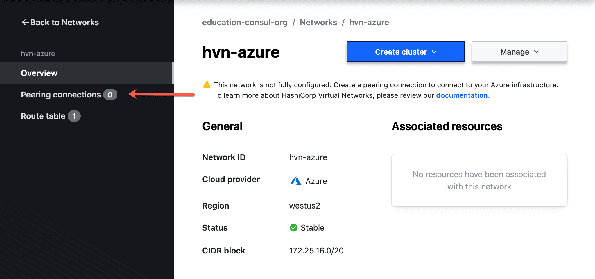 A screenshot of the HCP Consul Dedicated User interface, with a red arrow pointing to "Peering Connections" in the left pane, with a count of zero.