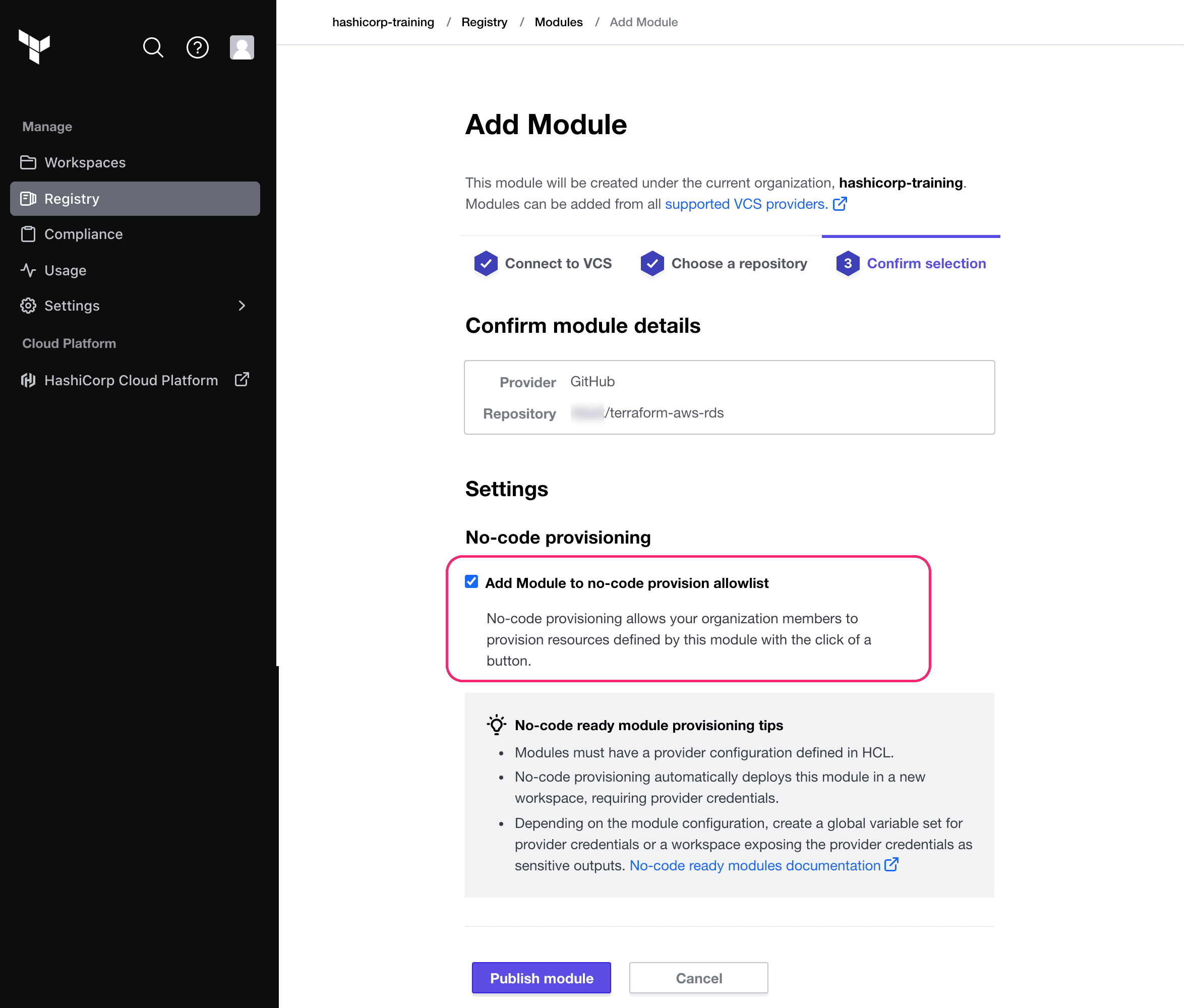 Publish no code module